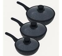 Tris padelle Bavaria in pietra lavica antiaderenti 3 Padelle + 3 Coperchi Pietra Lavica 20-24-28cm, Pietra Lavica, Adatto a piano a Gas e a Induzione, Padelle e Coperchi (Nero)