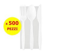 TRIS POSATE MONOUSO IN PLASTICA BIANCA 500 PZ CON TOVAGLIOLO IMBUSTATO RIUSO,