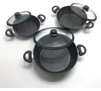 Tris Tegami Bavaria in pietra lavica antiaderenti 3 Padelle + 3 Coperchi Pietra Lavica 20-24-28cm, Padelle Pietra Lavica, Adatto a piano a Gas e a Induzione, Padelle e Coperchi (Nero)