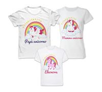 Tris Tshirt Nome Personalizzato Unicorni Unicorno Magia Arcobaleno Colori Famiglia Figlia Padre Madre Bambina Set 3 T-Shirt