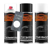 TRISTARcolor Vernice per auto Kit bombolette spray per paraurti di plastica per Audi LY9C Ibisweiss/Blanc I ase adesiva vernice di base vernice trasparente con plastificante