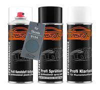 TRISTARcolor Vernice per auto Kit bombolette spray per plastica per Skoda 9154 Satin Grey Metallic/Satineblau Metallic base adesiva vernice di base, trasparente con plastificante