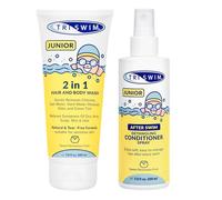 TRISWIM Junior Set Doponuoto per Bambini - Shampoo & Bagnoschiuma 2in1 + Spray Districante | Rimuove Cloro e Odori | Protegge e Ripara i Capelli | Senza Lacrime | (200 ml + 200 ml) Sweet Persimmon