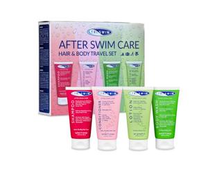 TRISWIM - Premium Set Da Viaggio Dopo Aver Nuotato Per La Rimozione Del Cloro, Bagnoschiuma, Shampoo Idratante, Lozione Corpo Anti Cloro, Balsamo Capelli Per Nuotatori (4x90ml)