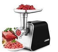 Tritacarne elettrico con 3 piastre abrasive in acciaio inox, cubo, tubi di riempimento per salsicce, tritacarne elettrico in acciaio inox 2000 W Max, nero