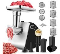 Tritacarne Elettrico Professionale 2000W con Insaccatrice e Accessorio Biscotti | 5 in 1 Macchina per Macinare Carne con 3 Dischi, 4 Lame e Accessori per Salsicce, Kibbe, Verdure e Dolci