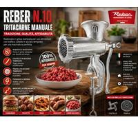 Tritacarne Manuale Reber N.10 in Ghisa Alimentare con Morsa Coltello e Piastra