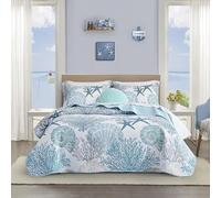 Tritard Set di biancheria da letto reversibile in microfibra, 3 pezzi, per letto king size, motivo costiero, con 2 federe, morbido e leggero, biancheria da letto da spiaggia, copriletto estivo per