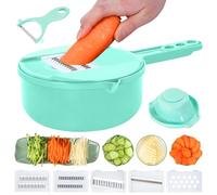 Tritatutto 7 in 1, affettatrice per patate, grattugia per verdure, con contenitore, multifunzione, con 6 lame in acciaio inox, per cucina (verde, 7 in 1)