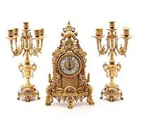 Trittico Orologio Barocco in Ottone lucido con Candelabri Francese da Consolle