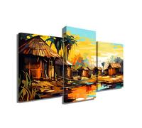 Trittico - Quadro paesaggio africano - Decorazione da parete tramonto, stampa su tela con cornice Zen, quadro astratto moderno, grande formato, 3 tele da parete moderne (90 x 60 cm +2 x 60 x 40 cm)