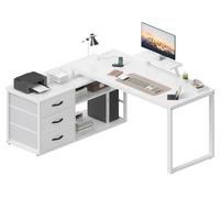 TRIUMPHKEY Scrivania Angolare L 148x100cm 3 Cassetti USB Prese Bianca | Scrivania L Reversibile Con 3 Cassetti E Ripiani, Supporto Monitor, Robusta, Montaggio Facile, Pratica Per Casa e Ufficio.