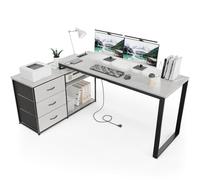 TRIUMPHKEY Scrivania con 3 cassetti, 140 x 105 x 75 cm, Scrivania angolare con ripiani, reversibile a forma di L con 2 porte di ricarica USB e 2 prese di corrente, scrivanie per casa, grigio