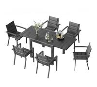 TRIUMPHKEY Set Tavolo e Sedie da Giardino per 6 Persone con Tavolo da Giardino con Sedie Allungabile (80-160 cm) e 6 Sedie Impilabili in Alluminio - Set Esterno per Terrazzo, Venature del legno scuro