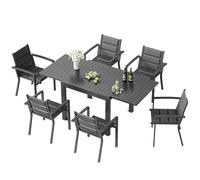 TRIUMPHKEY Set Tavolo e Sedie da Giardino per 6 Persone con Tavolo da Giardino con Sedie Allungabile (80-160 cm) e 6 Sedie Impilabili in Alluminio - Set Esterno per Terrazzo, Grigio scuro