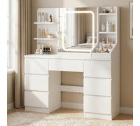 TRIUMPHKEY Toeletta da Trucco con Luci LED,Postazione Trucco,Toletta con Specchio,Tavolo da Trucco on 4 Ripiani,7 Cassetti e 3 Scomparti Aperti,Moderna (Bianco Puro)