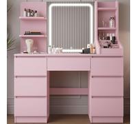 TRIUMPHKEY Toeletta da Trucco con Luci LED,Postazione Trucco,Toletta con Specchio,Tavolo da Trucco on 4 Ripiani,7 Cassetti e 3 Scomparti Aperti,Moderna (Rosa)
