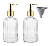 TRIXES Dispenser di sapone in vetro a coste, confezione da 2, oro, con imbuto in silicone