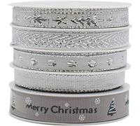 TRIXES Nastro natalizio in grosgrain - Nastro in raso di poliestere con design natalizio per confezioni regalo, decorazioni, artigianato fai da te, facile da piegare e torcere, 5 rotoli, 5 m, argento