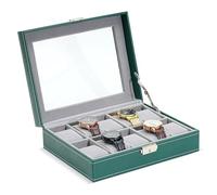 TRIXES Scatola per orologi in ecopelle verde con 10 scomparti - organizer per orologi con finestra in vetro - scatola con cuscini rimovibili