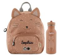 Trixie - Set con zaino e borraccia per bambini, zaino per l'asilo, personalizzabile con nome (motivo gatto, set con zaino Small + borraccia da 500 ml)