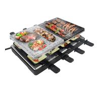 TRMLBE Raclette - Raschietto per 8 persone, con pietra naturale e piastra antiaderente, multifunzione, per raclette, con 8 padelle e spatola in legno, 1400 W