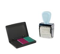 Trodat Creative - Set di mini timbri per la scuola, 12 stampe, in tedesco, con timbro creativo, colore blu pastello, con tampone per timbri in rosa, nero, verde, 30 x 5 mm