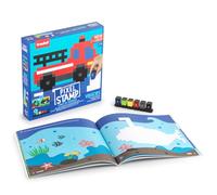 Trodat Pixel Stamp - Veicoli, libro per bambini con timbri in base ai numeri, 18 motivi, 6 mini timbri colori assortiti, gioco educativo creativo per bambini dai 4 anni in su