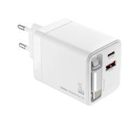 TROIKA Caricatore POWER PULL 35 con USB-C e USB-A e cavo USB-C estraibile 70 cm per ricarica simultanea di più dispositivi, plastica bianca