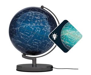 TROIKA globo illuminato Ø 25 cm TERRA LIGHT mappamondo luminoso a LED mappa stellare blu e segno zodiacale, base in metallo cromato, base in feltro morbido asse mobile - ideale come regalo