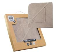 Trois Kilos Sept, Mantello da bagno per bambini "Mini Noi" 70 x 70 cm con guanto, spugna morbida, con cappuccio ricamato, ultra assorbente, lavabile a 30 °C, nascita, sabbia beige