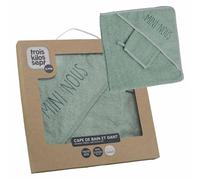 Trois Kilos Sept, Mantello da bagno per bambini "Mini Noi" 70 x 70 cm con guanto, spugna morbida, con cappuccio ricamato, ultra assorbente, lavabile a 30 °C, nascita, verde salvia