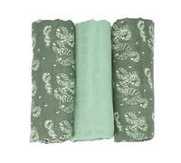 Trois Kilos Sept - Set di 3 mussole per neonato - Quadri in chiffon di cotone 70x70cm - Multiuso: coperta, peluche, bavaglino, protezione solare - Certificato Oeko-tex - Design a foglie verdi
