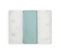 Trois Kilos Sept - Set di 3 panni per neonato, multiuso, in mussola di cotone goffrato, certificati Oeko-TEX® Standard 100, motivi gatti - verde acqua - 70 x 70 cm