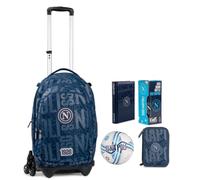Trolley con Zaino scuola staccabile Napoli Tondo Blu Primaria secondaria e mini pallone + Astuccio 3 piani completo di cancelleria + Diario standard 18x14 cm + Borraccia + portachiave squadra