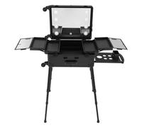 Trolley in alluminio con 8 luci LED, 3 colori chiari, gambe di supporto regolabili in altezza (39-85 cm), borsa per il trucco con 4 ruote orientabili, organizer professionale per cosmetici, studio