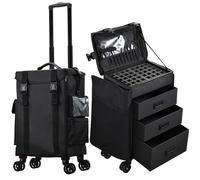 Trolley Make Up 4 in 1 Valigia Trucco Professionale con Rotelle Valigetta Trucchi con 3 cassetti Valigetta Parrucchieri in Nylon per Make-up Artist, Tecnico di Manicure e Stylista, Classico Nero
