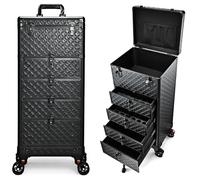 Trolley Make up con 4 Cassetti Trolley Trucchi Professionale Valigetta Trucchi Grande con Ruote girevoli a 360° Valigetta Unghie con Serratura Beauty Case Valigia Trucco, Pelle nera