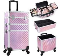 BAKAJI Trolley Make Up 3 in 1 Professionale con Trama Oleografica a Triangolare, Beauty Case Estetista Portatile, Valigia Porta Trucchi con Ruote Staccabili, Valigetta Organizer Makeup Viaggio (Rosa)