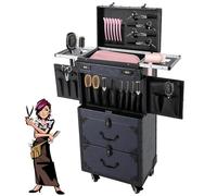 Trolley per salone di bellezza con chiusura a chiave, con porta asciugacapelli, organizer per cosmetici professionale su ruote (blu), Blu, Custodia per treno per trucco