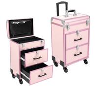 Trolley per trucchi, 3 in 1, portatile, grande, con 2 cassetti e ruote girevoli, per truccatori e parrucchieri, rosa