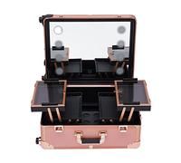 Trolley per trucchi da 22 pollici, 3 livelli, con rotelle, cosmetici mobili con specchio e 8 lampadine LED, valigetta professionale con gambe regolabili (oro rosa)