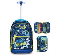 Trolley Run Scuola Mitama, Doppio Scomparto, Blu, Bambino Ragazzo + Astuccio Scuola 3 Scomparti con Contenuto 47 pz