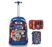 Trolley Run Scuola Mitama, Doppio Scomparto, Blu, Bambino Ragazzo + Astuccio Scuola 3 Scomparti con Contenuto 47 pz