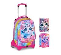 Trolley Scuola Jack 3 Ruote staccabile Cat & Air Gattino, 3 in 1 per Scuola Elementare Bambina + Astuccio 3 zip con cancelleria + Diario 2025/2026 + 7 penne cancellabili e portachiave pailettes