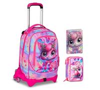 Trolley Scuola Jack 3 Ruote staccabile Cat Led Gattino, 3 in 1 per Scuola Elementare Bambina + Astuccio 3 zip con cancelleria + Diario 2025/2026 + 7 penne cancellabili e portachiave pailettes