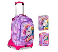 Trolley Scuola Jack 3 Ruote staccabile Fable Journey unicorno, 3 in 1 per Scuola Elementare Bambina + Astuccio 3 zip con cancelleria + Diario 2025/2026 + 7 penne cancellabili e portachiave pailettes