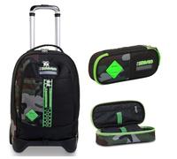 Trolley Scuola JACK SEVEN 2 RUOTE - HALF BLACK, Verde + Portapenne Scuola Bustina, Multicolore