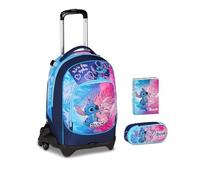 Trolley Scuola Seven 3 Ruote - Stitch Cute And Fluffy - 3 in 1, Triplo Uso, Scuola Elementare Bambina + Astuccio zip ovale + Diario 2025/2025 + 7 penne cancellabili e portachiave pailettes