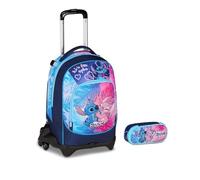 Trolley Scuola Seven 3 Ruote - Stitch Cute And Fluffy Abbraccio - 3 in 1, Triplo Uso, Scuola Elementare Bambina + Astuccio zip ovale + Diario 2025/2025 + 7 penne cancellabili e portachiave pailettes